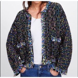 Zara TWEED KNIT JACKET CARDIGAN MULTI COLOR medium